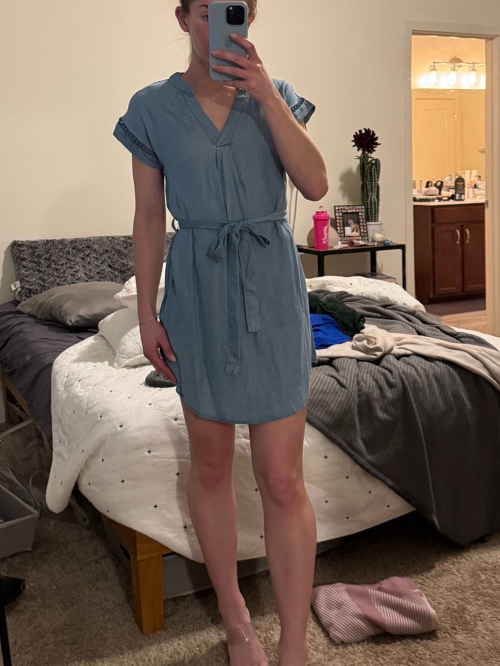 Blu Pepper Chambray Tie-Waist V-Neck Dress - Blue